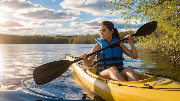 Mujer joven en kayak en el lago