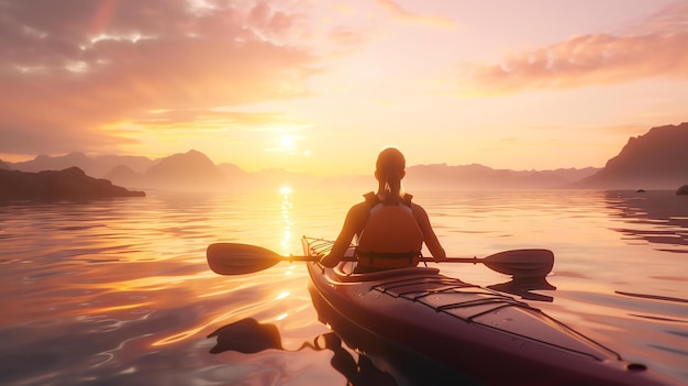 Mujer joven kayakando sola en un lago tranquilo al atardecer