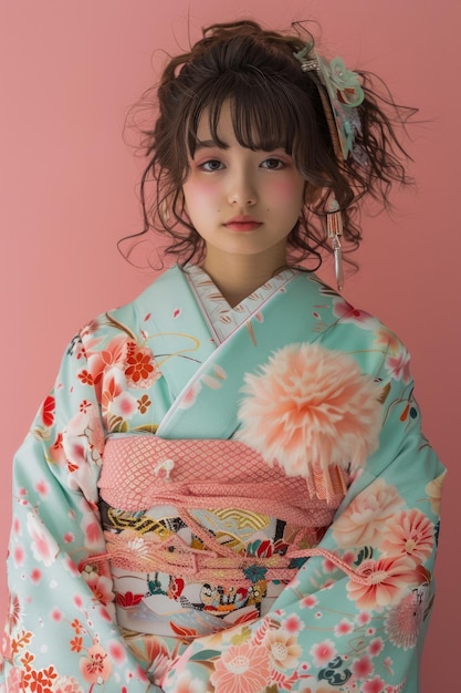 Mujer joven con kimono japonés tradicional con patrones florales en fondo rosa
