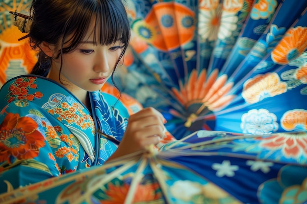 Mujer joven en kimono tradicional japonés sosteniendo un abanico colorido con patrones intrincados Cultural