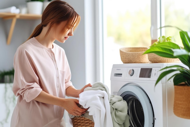 mujer joven, lavar la ropa, en, cuarto de baño