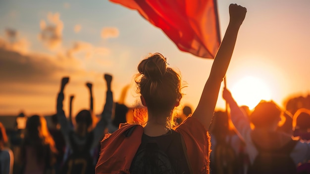 Foto una mujer joven levantando el puño en el aire en una protesta ella está sosteniendo una bandera el sol se está poniendo en el fondo