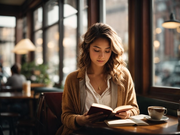 Mujer joven leyendo un libro en una acogedora cafetería con grandes ventanales