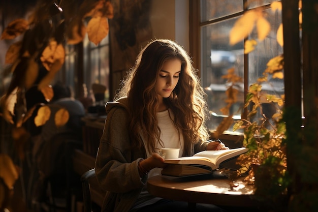 Una mujer joven leyendo un libro en una acogedora cafetería con grandes ventanas