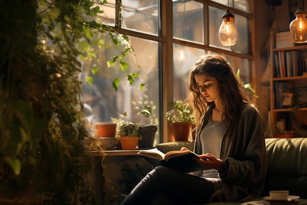 Una mujer joven leyendo un libro en una acogedora cafetería con grandes ventanas