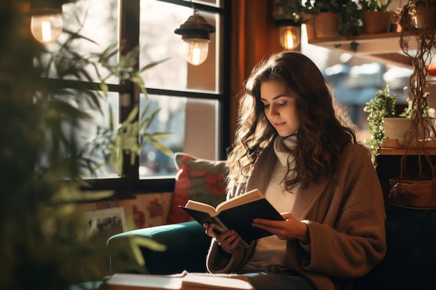 Una mujer joven leyendo un libro en una acogedora cafetería con grandes ventanas