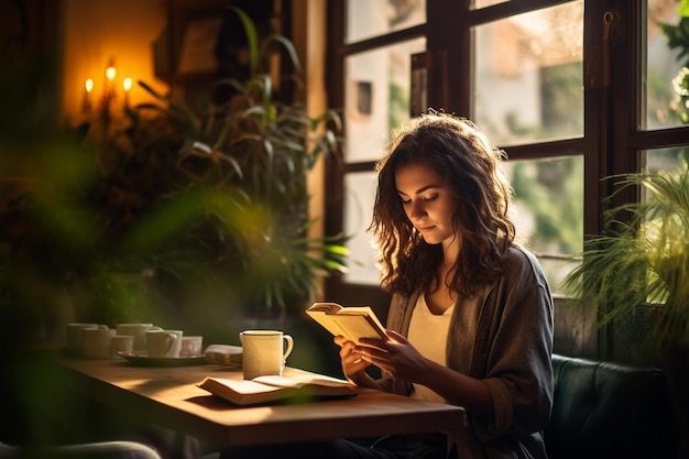Una mujer joven leyendo un libro en una acogedora cafetería con grandes ventanas