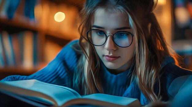 Una mujer joven leyendo un libro en una biblioteca