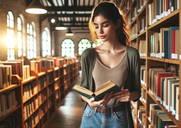 Mujer joven leyendo un libro en la biblioteca