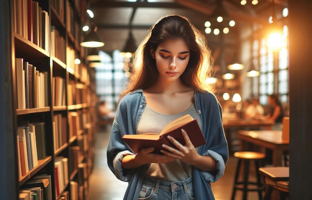 Mujer joven leyendo un libro en la biblioteca