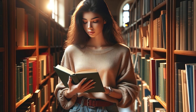 Mujer joven leyendo un libro en la biblioteca