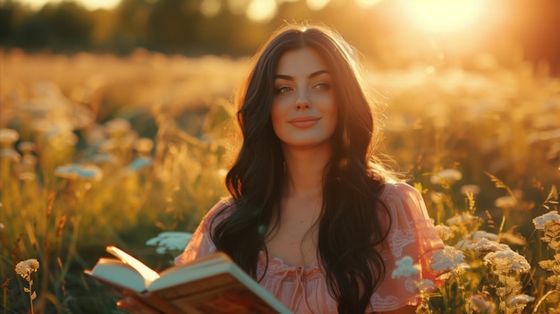 Mujer joven leyendo un libro en el campo de la hora dorada