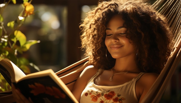 Foto una mujer joven leyendo un libro disfrutando de su tiempo libre generado por la ia