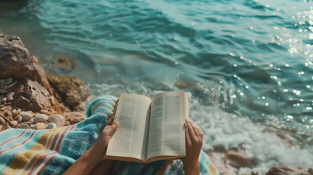 Una mujer joven leyendo un libro mientras se relaja en la playa el sol está brillando las olas se están rompiendo y las gaviotas están llorando