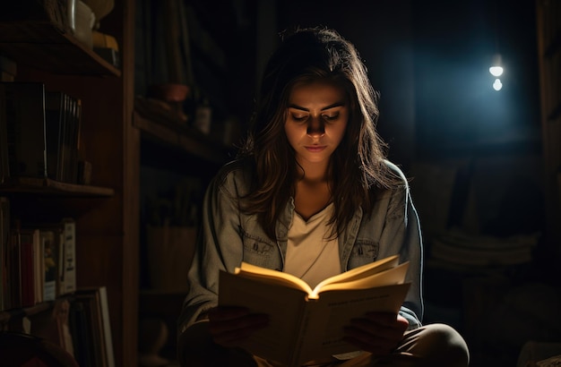 Mujer joven leyendo un libro en un sofá junto a velas