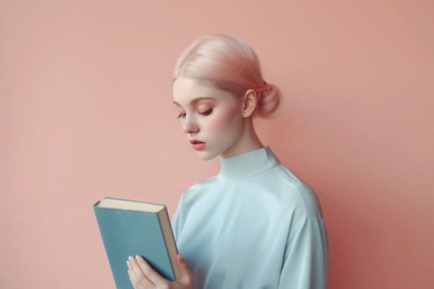 Mujer joven con un libro en colores pastel creado con IA generativa