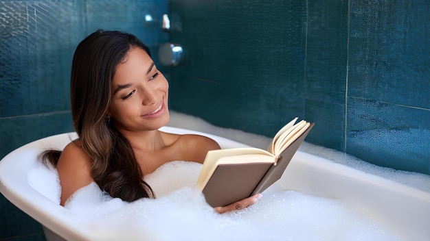 Mujer joven con un libro en las manos en un baño de espuma La chica se acuesta en la bañera y lee un libro Tiempo de concepto para ti mismo relajación de pasatiempo