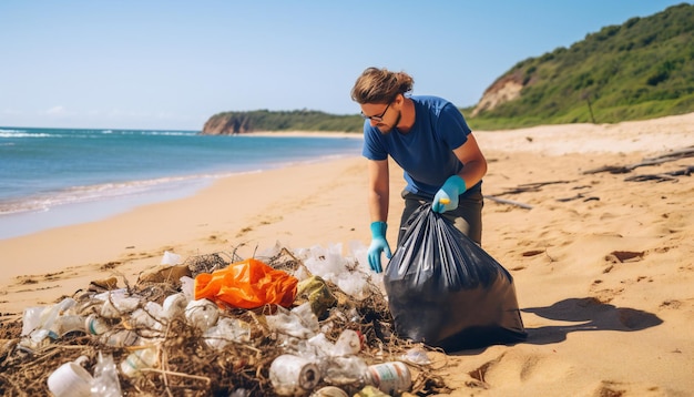 Mujer joven limpiando la playa Mujer voluntaria recogiendo basura en bolsas de plástico