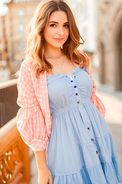 Una mujer joven y linda con una camisa rosa y un hermoso vestido azul de verano caminando en un día soleado