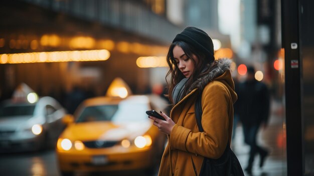 Mujer joven llamando a un taxi usando un teléfono inteligente