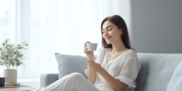 Una mujer joven lleva una camiseta blanca bebe té y café se sienta en un sofá azul y se relaja en su tiempo libre en la sala de estar