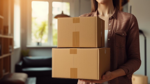 Mujer joven llevando una caja grande durante una mudanza a una nueva casa o entrega de paquetes