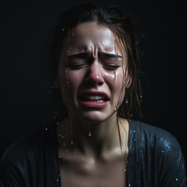 Foto una mujer joven está llorando con agua en la cara