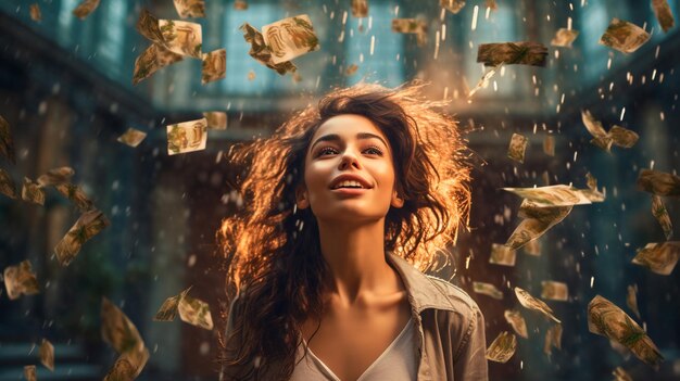 Foto mujer joven con lluvia cayendo de billetes de dólar