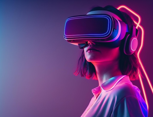 Foto mujer joven con luces de neón usando auriculares vr y experimentando un metaverso de realidad virtual