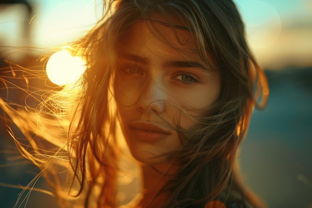 Mujer joven en la luz del atardecer el cabello revoloteando enfoque selectivo