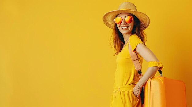 Foto mujer joven y maleta lista para las vacaciones