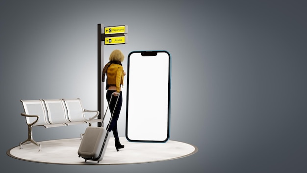 Una mujer joven con maleta de viaje va a una gran ilustración 3d de smartphone