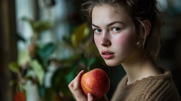 una mujer joven con una manzana fresca en la mano
