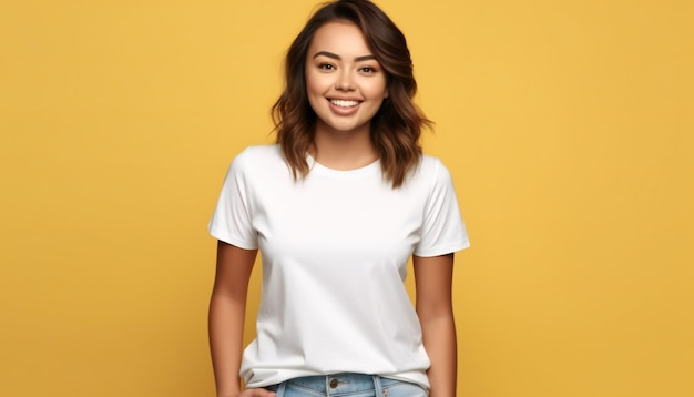 Mujer joven con maqueta de camisa blanca Bella Canvas sobre fondo amarillo