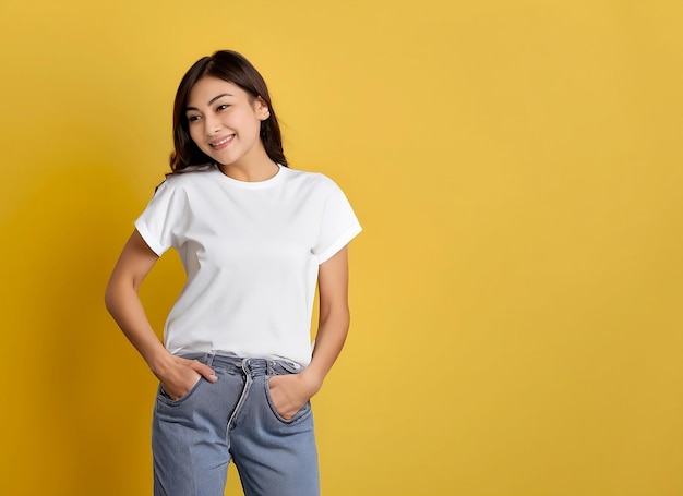 Mujer joven con una maqueta de camisa blanca en un fondo púrpura