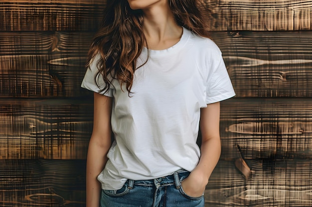 Mujer joven con una maqueta de camisa blanca de lienzo bella en un fondo de pared de madera oscura Maqueta de presentación de impresión de plantilla de camiseta de diseño