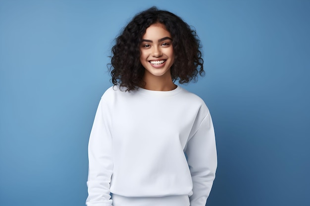 Mujer joven con maqueta de sudadera blanca con fondo azul Maqueta de presentación impresa de plantilla de jersey de diseño AI generada