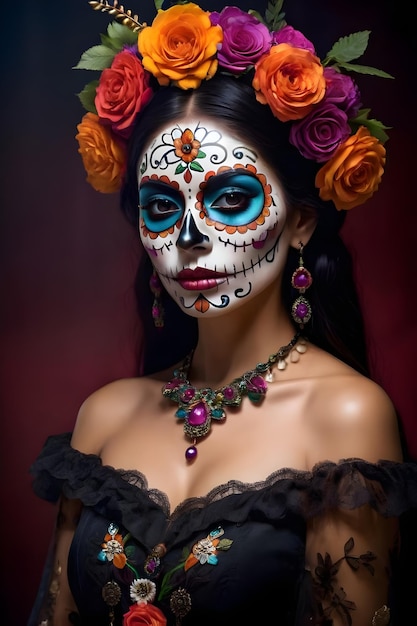 Mujer joven con maquillaje de calavera de azúcar y flores en el pelo