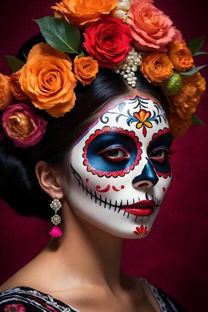 Mujer joven con maquillaje de calavera de azúcar y flores en el pelo