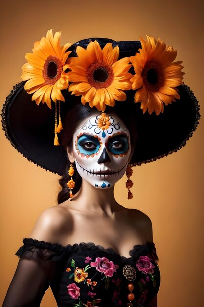 Mujer joven con maquillaje de calavera de azúcar y flores en el pelo