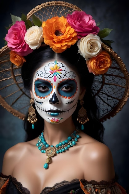 Mujer joven con maquillaje de calavera de azúcar y flores en el pelo