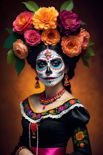 Mujer joven con maquillaje de calavera de azúcar y flores en el pelo