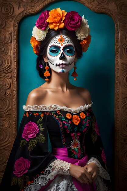 Foto mujer joven con maquillaje de calavera de azúcar y flores en el pelo