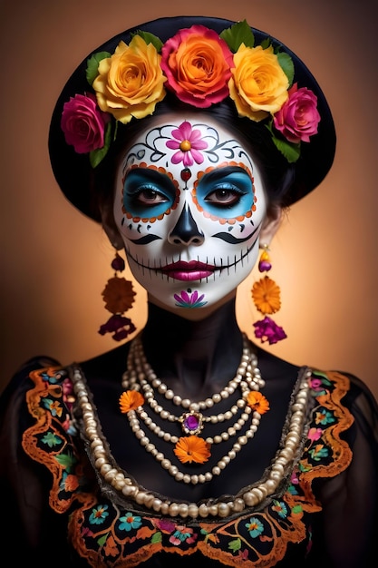 Mujer joven con maquillaje de calavera de azúcar y flores en el pelo