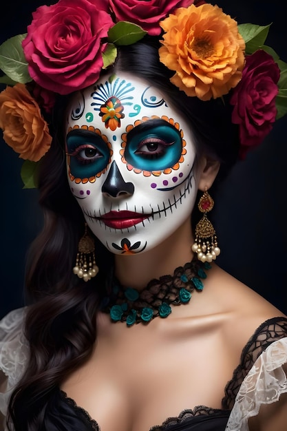 Mujer joven con maquillaje de calavera de azúcar y flores en el pelo