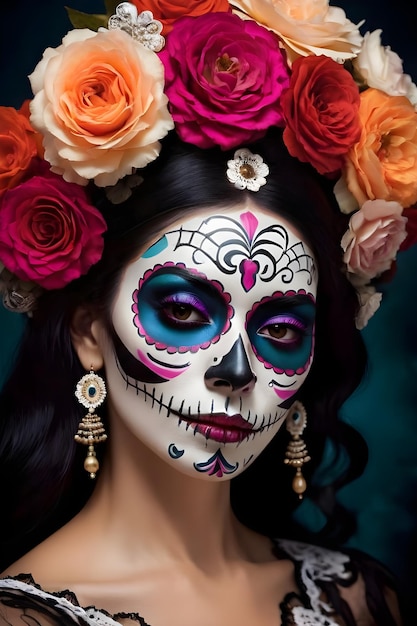 Mujer joven con maquillaje de calavera de azúcar y flores en el pelo