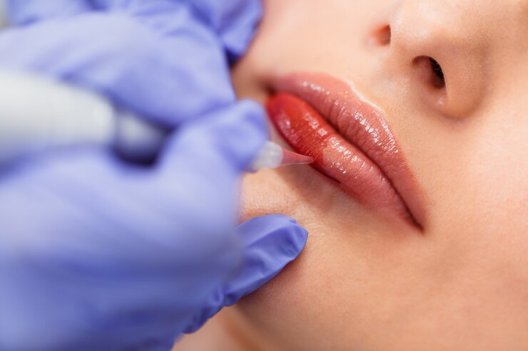 Mujer joven con maquillaje permanente en los labios en el salón de belleza.