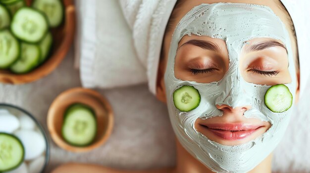 Foto mujer joven con una máscara facial de arcilla y rebanadas de pepino en los ojos relajándose en un spa