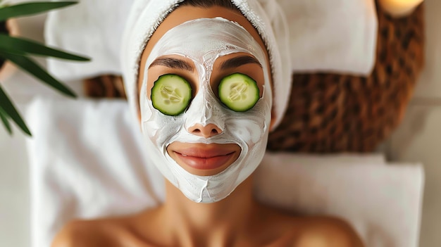 Foto mujer joven con una máscara facial y rebanadas de pepino en los ojos relajándose en un spa