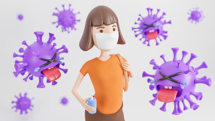 Una mujer joven con una máscara médica y sosteniendo un gel de alcohol para lavarse las manos rodeada de lindos personajes del virus de la colona púrpura llorando sobre fondo blanco., Modelo 3d e ilustración.
